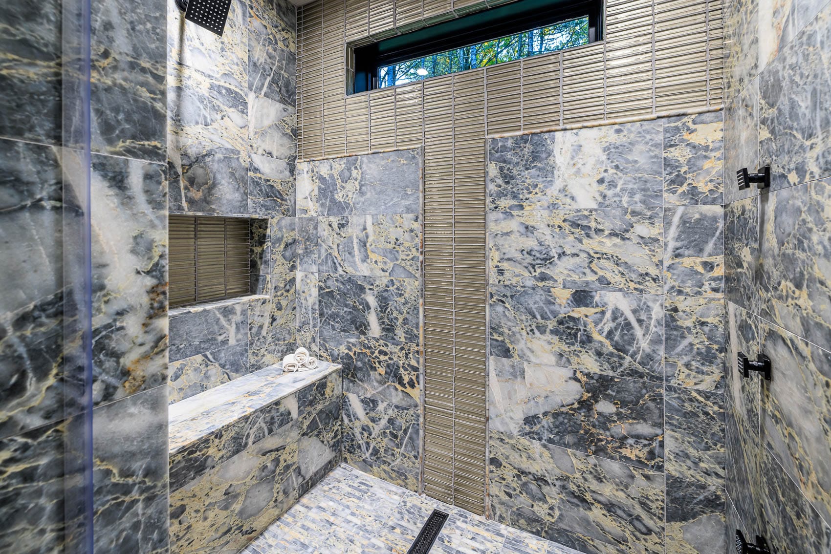 Finished tile shower inside barndominium home